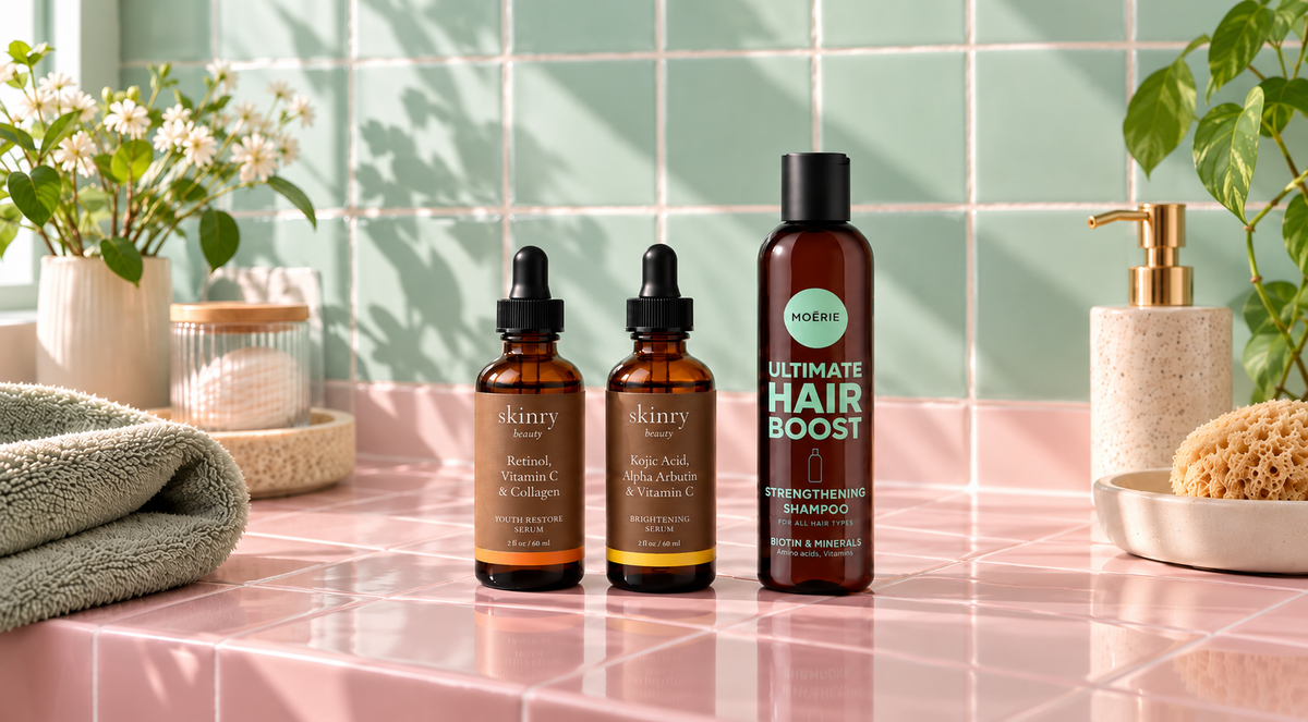 Bodytonix hair care and skincare products on a bathroom vanity