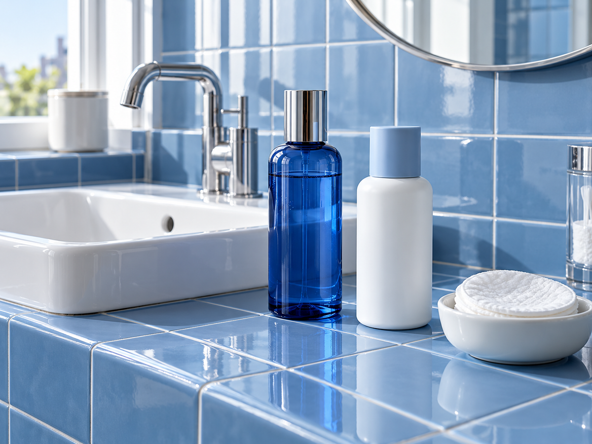 Blue and white skincare bottles and cotton pads beside a basin in a blue-tiled bathroom