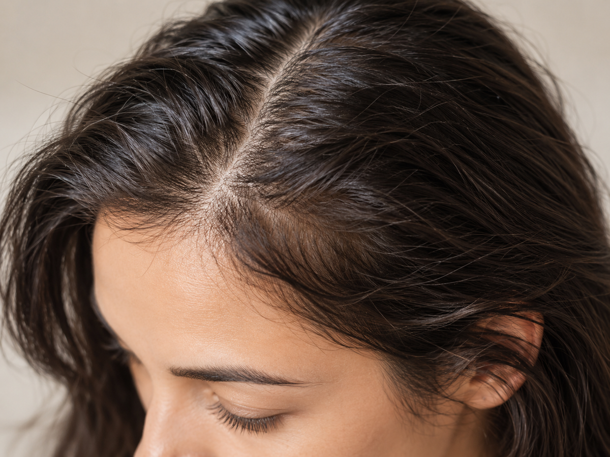 Close view of healthy dark hair and the scalp