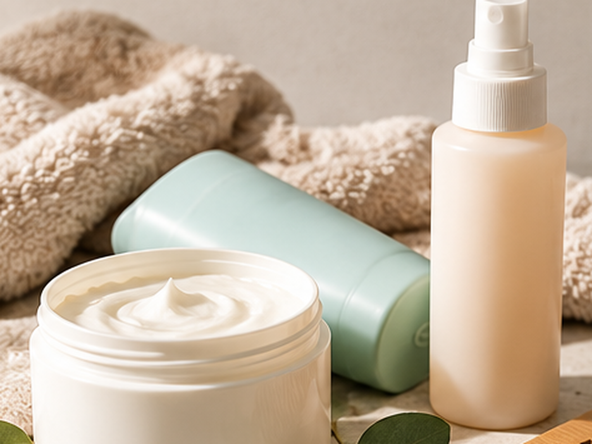 Unbranded hair mask jar, conditioner bottle and spray on a soft neutral spa setting