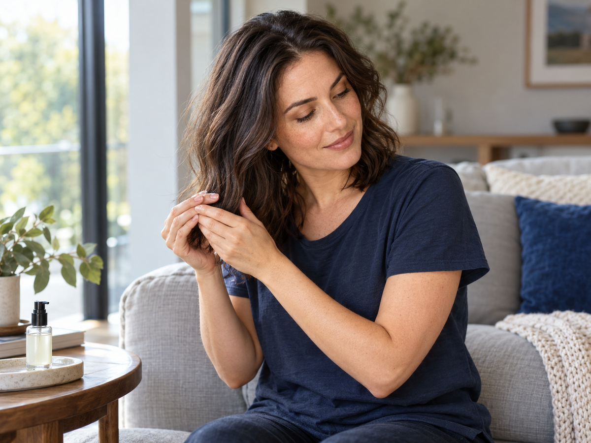 Woman smoothing hair serum through her hair lengths beside a window in a living room