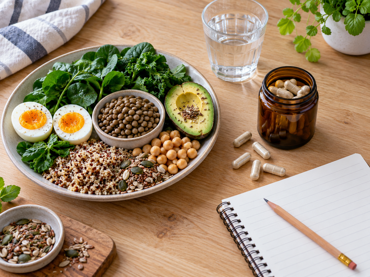 Whole foods, unbranded capsules and a notebook on a kitchen table