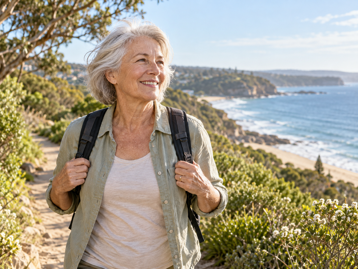 Older woman enjoying a sunny coastal walk
