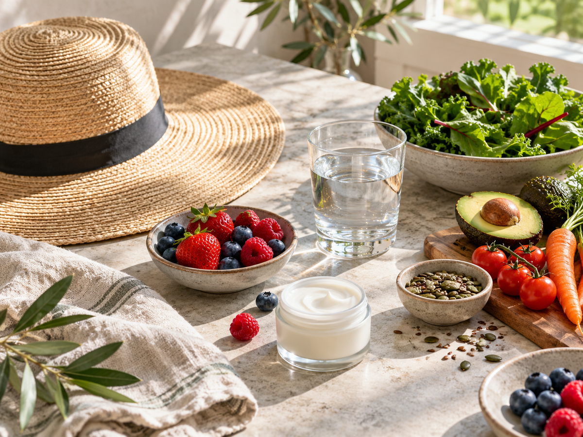 Sun hat, water, colourful foods and unbranded moisturiser