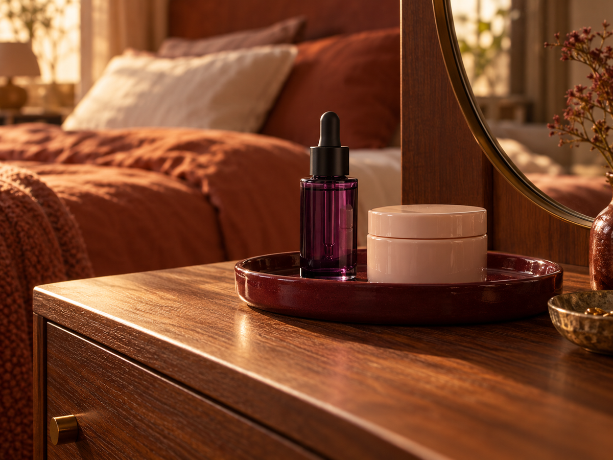 Plum serum bottle and blush cream jar on a walnut bedroom dressing table