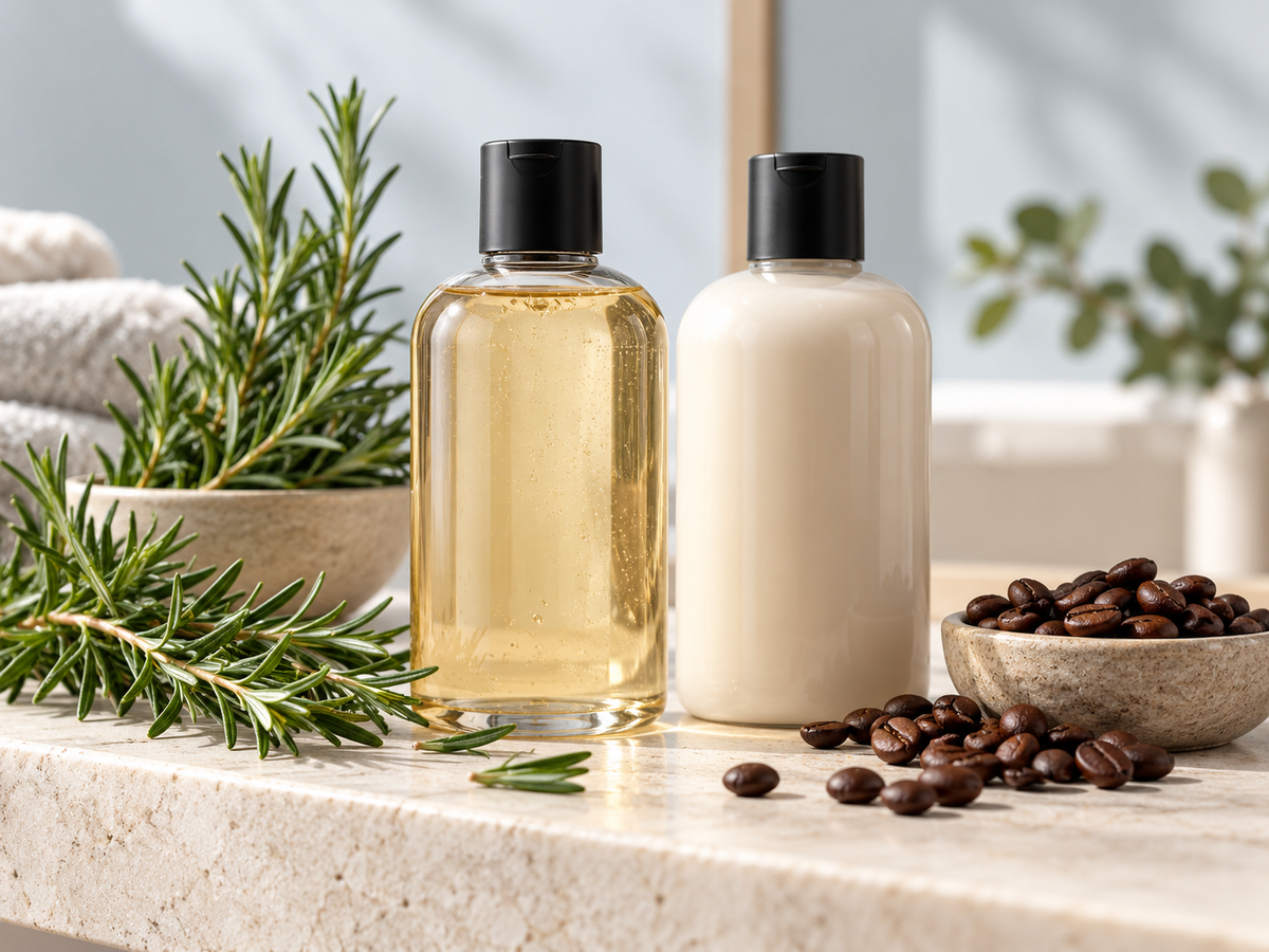 Unbranded shampoo bottles beside rosemary sprigs and coffee beans on a pale stone counter