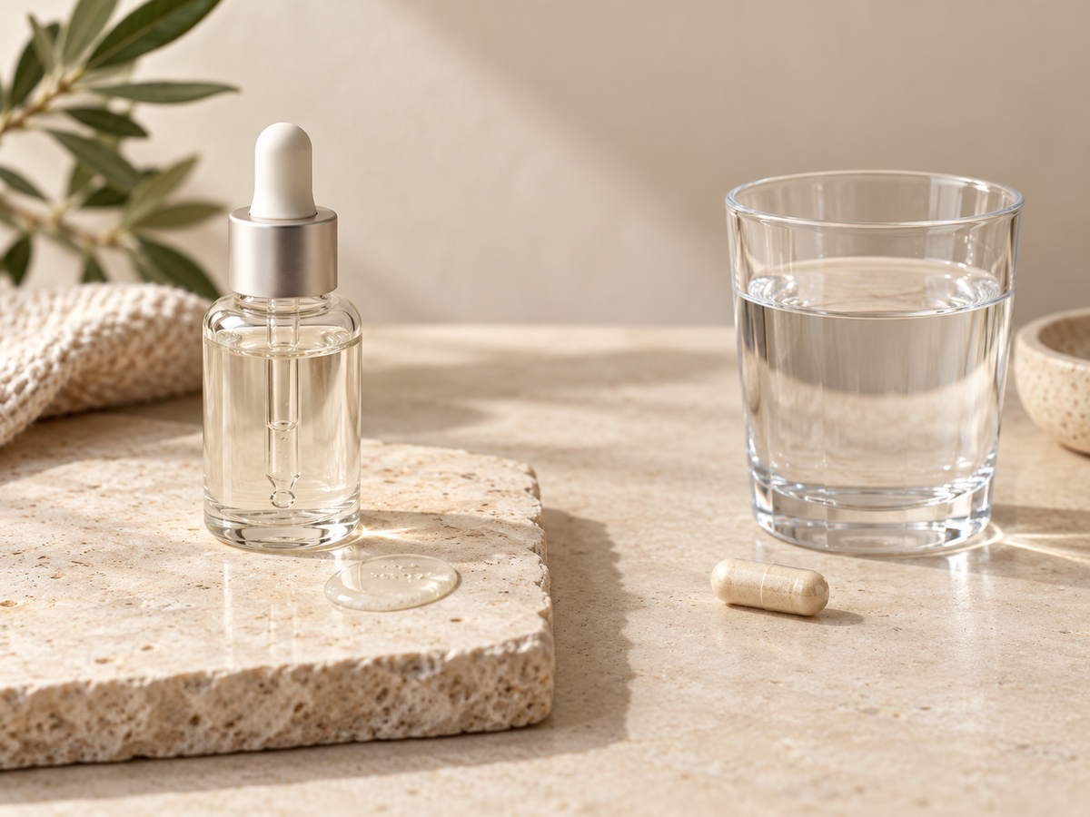 Unbranded topical serum, capsule and glass of water