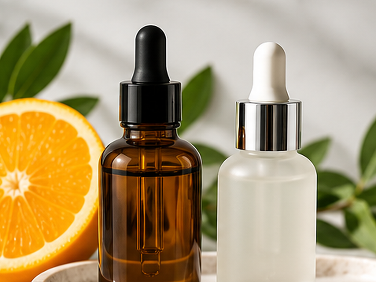 Two unbranded serum dropper bottles beside an orange slice and green foliage