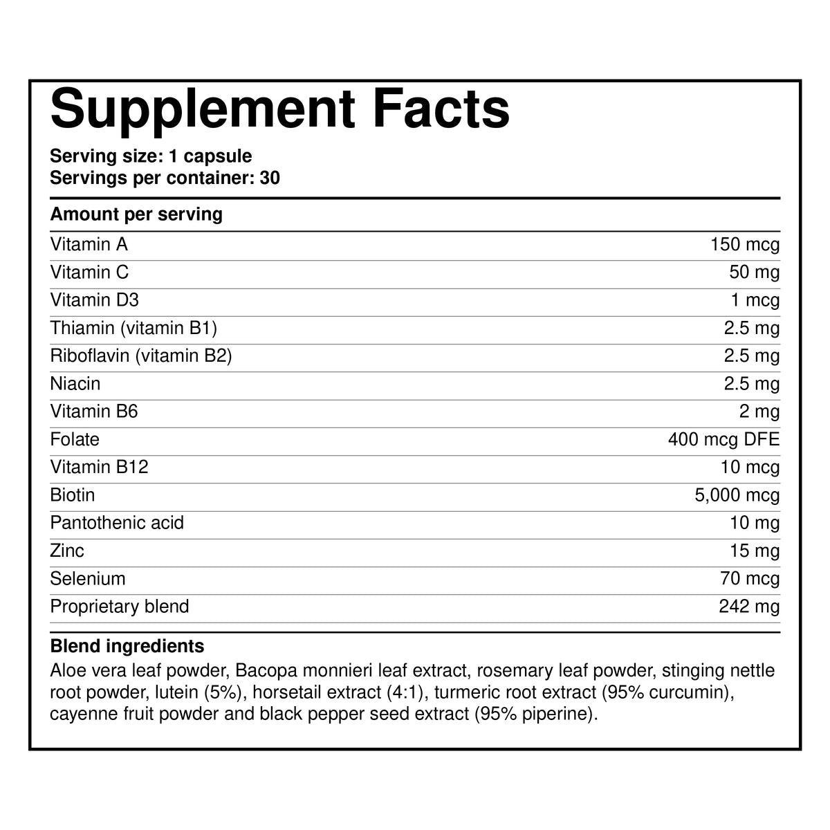 Hairtamin supplement facts label with vitamins and serving size information