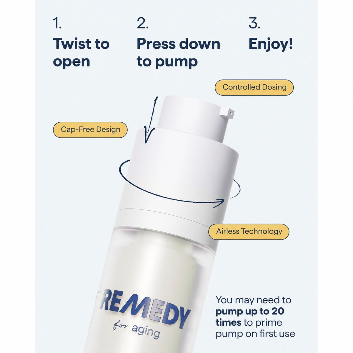 Remedy serum pump-top bottle with cap-free design and airless style