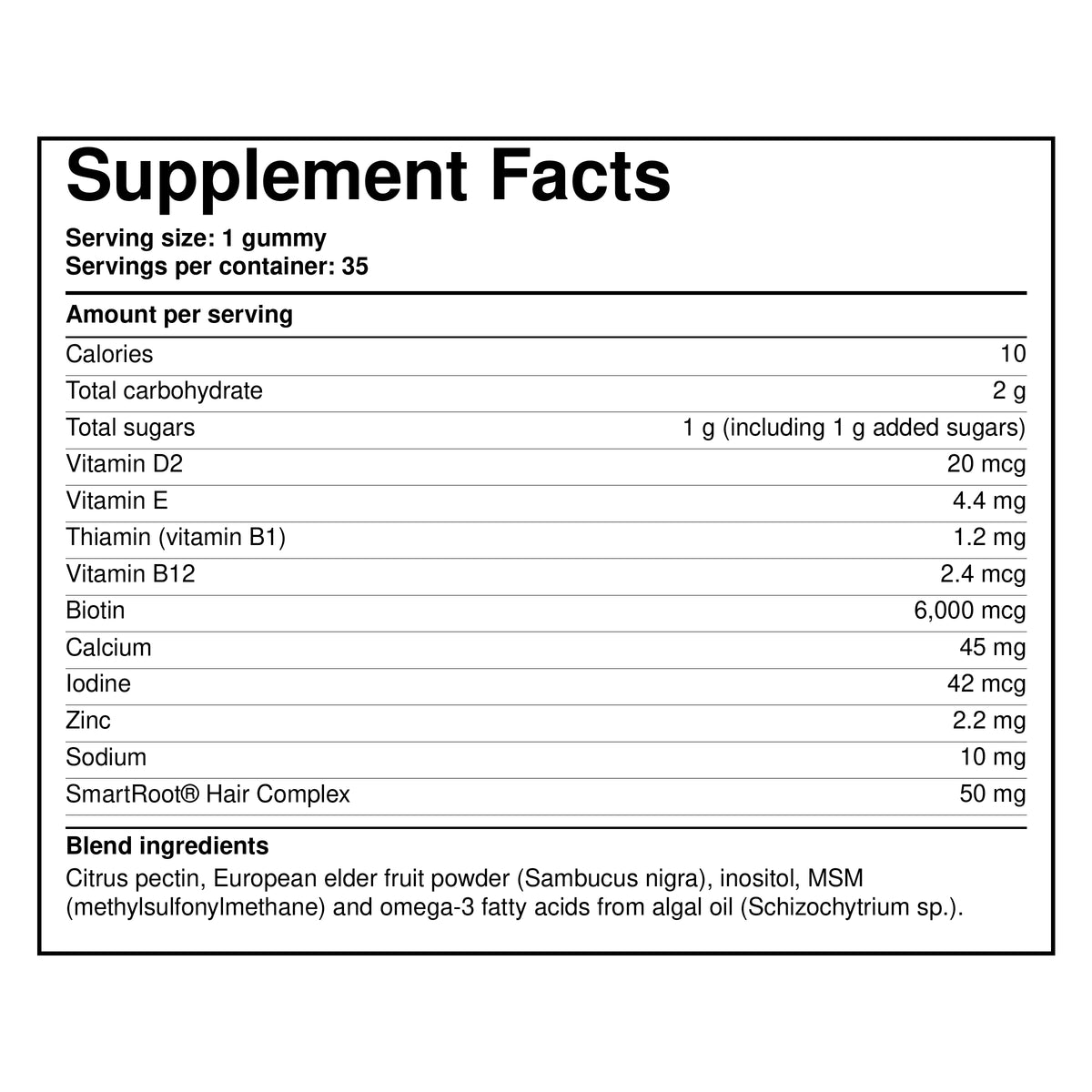 Supplement Facts label for vegan hair vitamin gummies with nutrient amounts and serving size