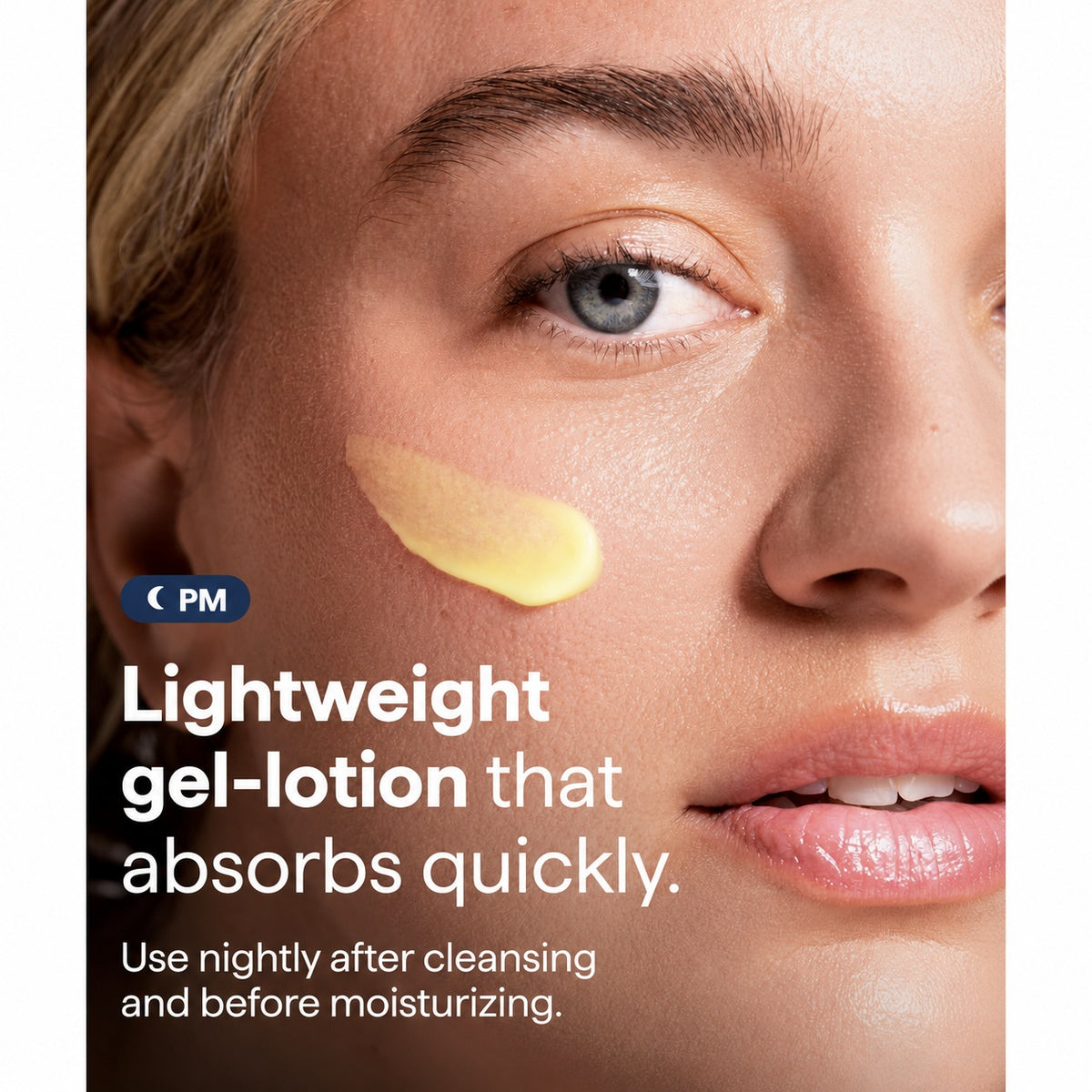 Dark spot serum gel texture applied to cheek for quick absorption