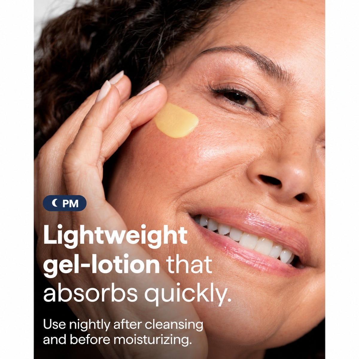 Yellow facial serum dab being applied to a woman's cheek