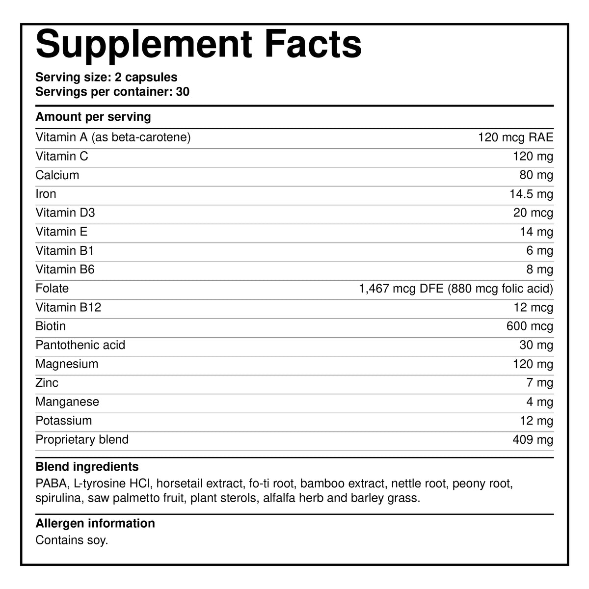 Hair supplement facts label listing vitamins, minerals, and serving size