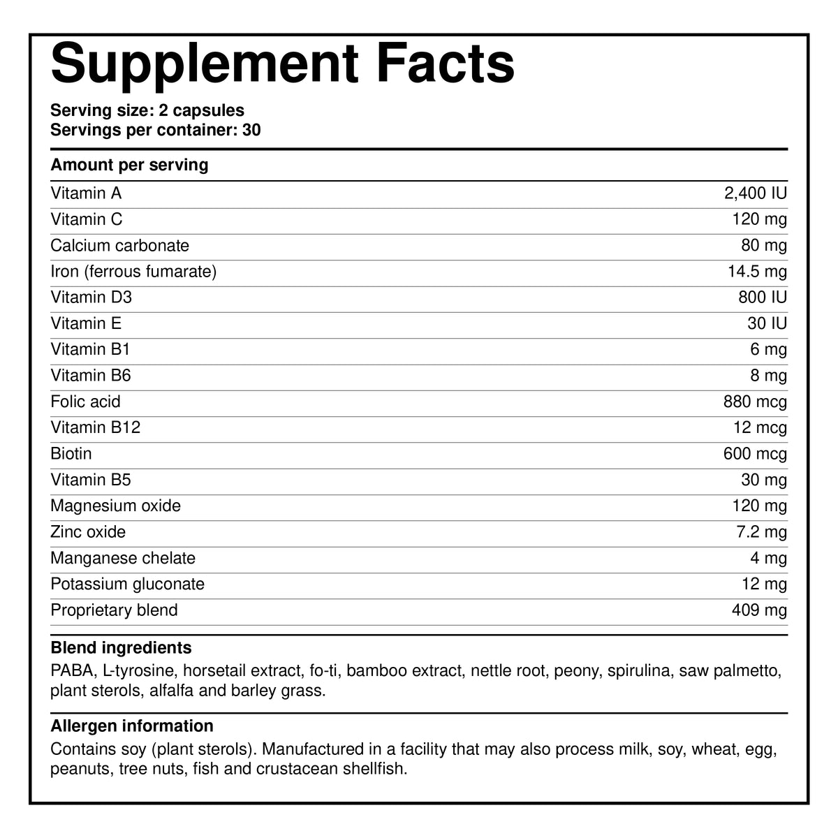 Supplement facts label for hair vitamins, serving size 2 capsules per serving