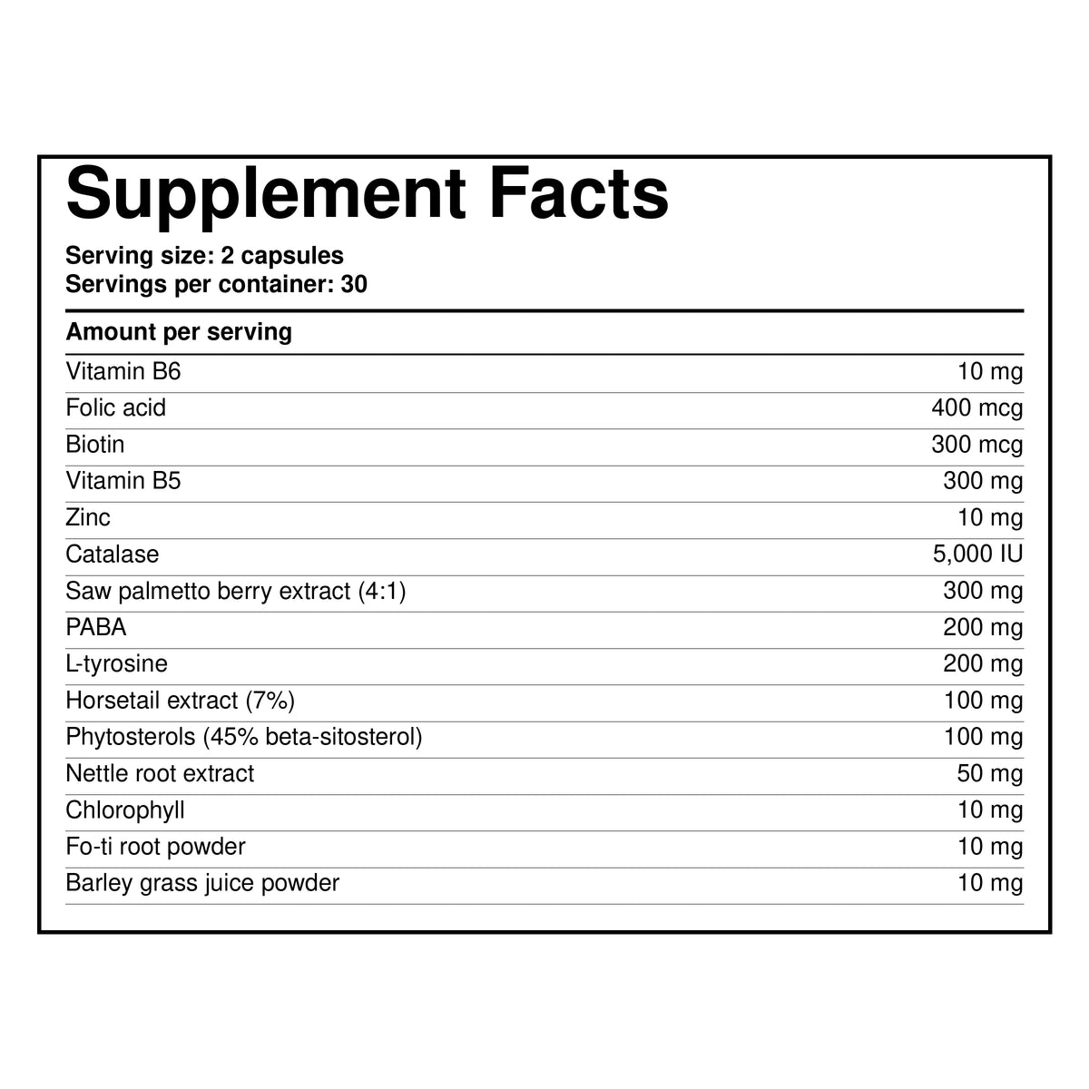 Supplement Facts panel with serving size 2 capsules and ingredient amounts