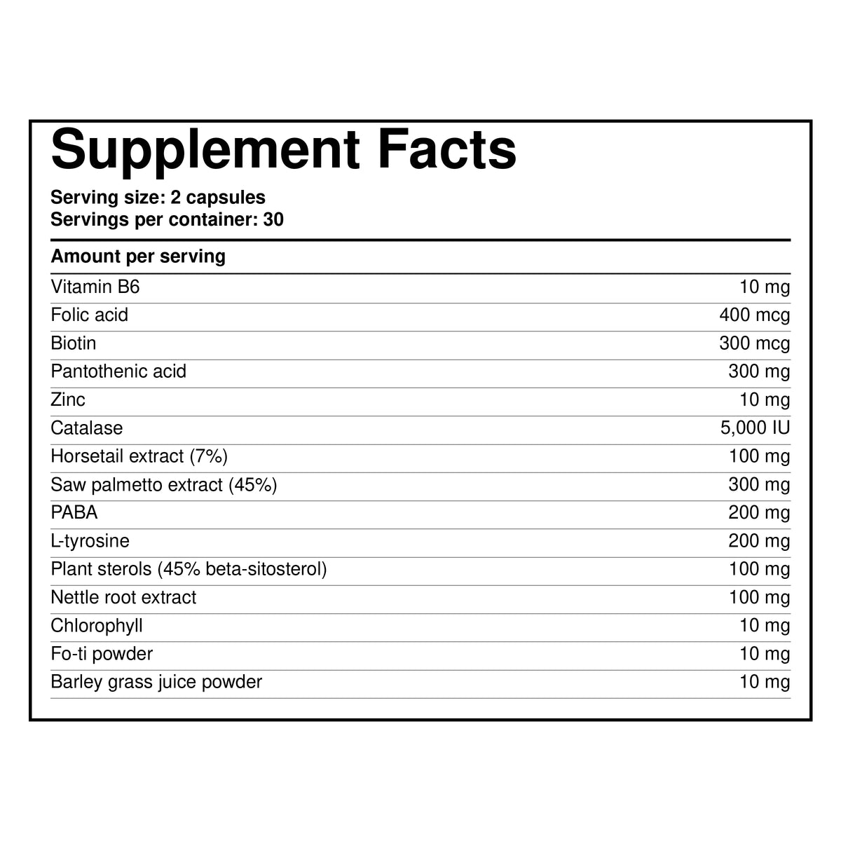 Supplement facts label: 2-capsule serving, vitamins, minerals, and herb extracts
