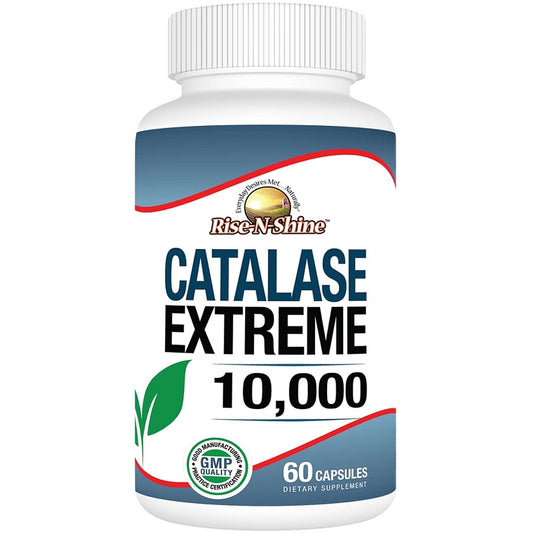Dietary supplement catalase bottle with “Catalase Extreme 10,000” label, 60 capsules