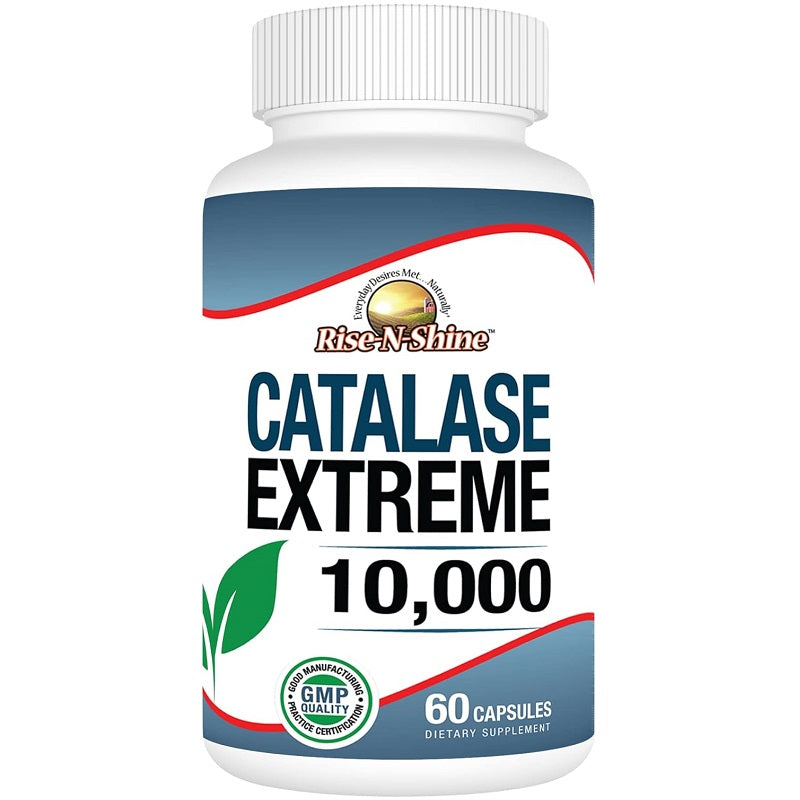 Dietary supplement catalase bottle with “Catalase Extreme 10,000” label, 60 capsules
