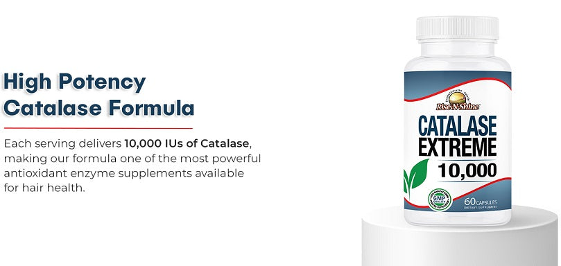 Dietary supplement catalase bottle on pedestal with “Catalase Extreme 10,000” label