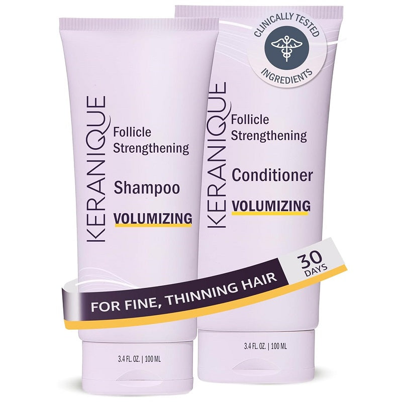 Keranique volumizing shampoo and conditioner tubes, for fine thinning hair.