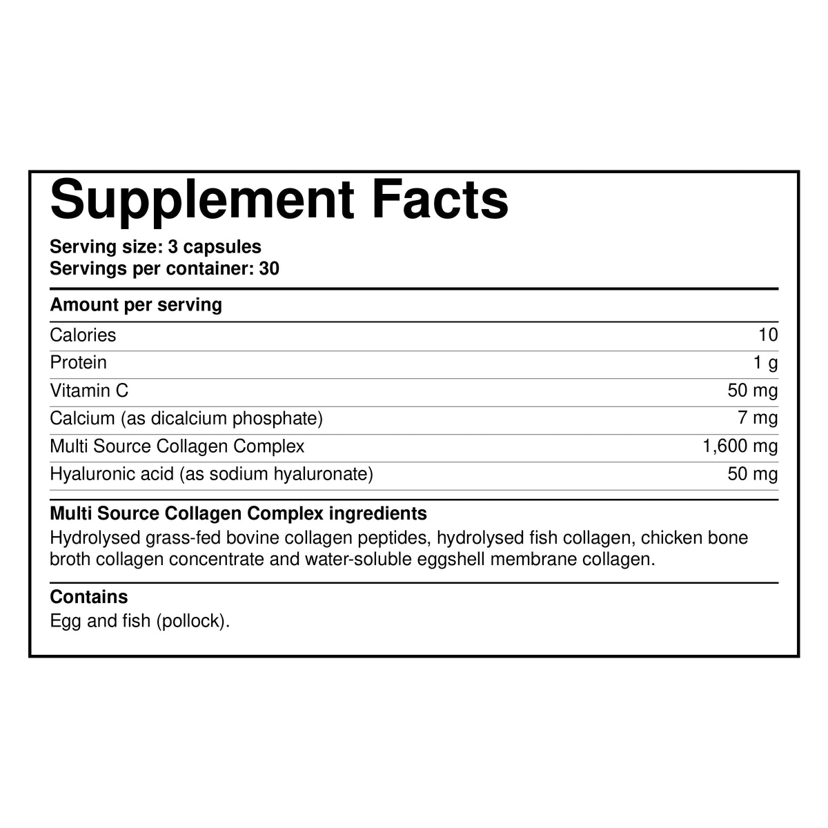 Supplement Facts label showing serving size 3 capsules and collagen ingredients list.