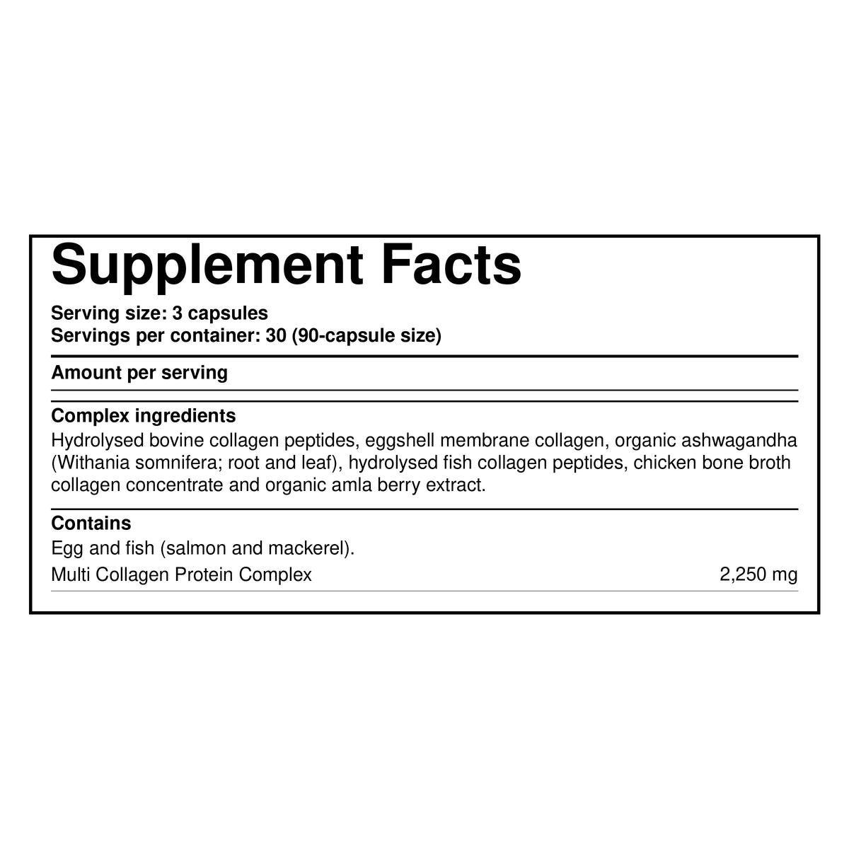 Supplement Facts panel for collagen complex capsules, serving size 3 capsules