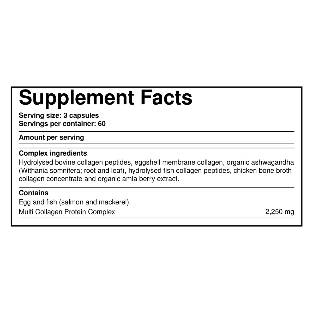 Collagen protein supplement facts label with serving size 3 capsules