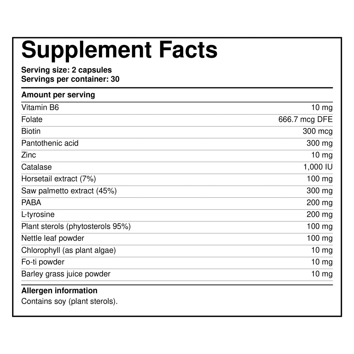 Hair supplement facts label with serving size and ingredients list panel