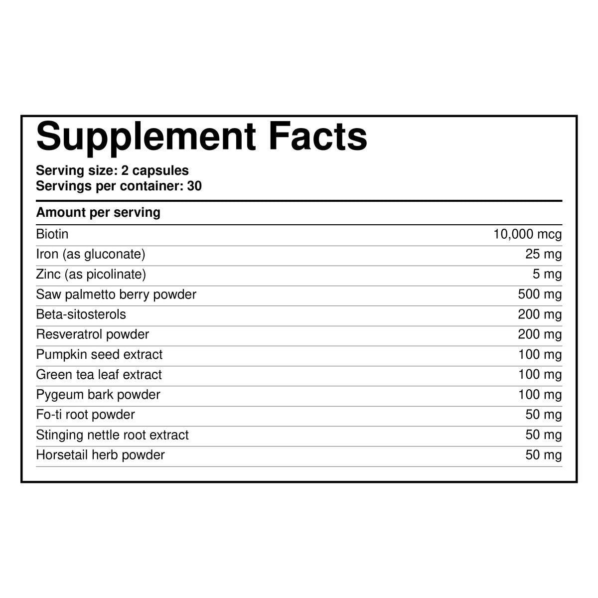 Supplement Facts panel: Biotin 10,000 mcg, zinc 5 mg per serving