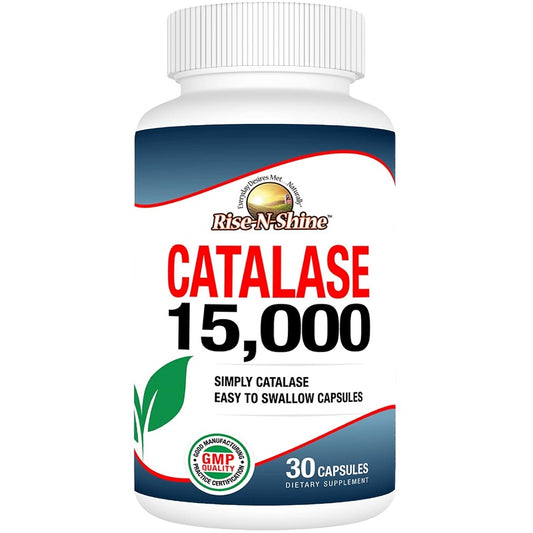 Rise-N-Shine Catalase 15,000 supplement bottle, label shows 30 capsules