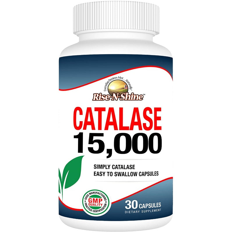 Rise-N-Shine Catalase 15,000 supplement bottle, label shows 30 capsules