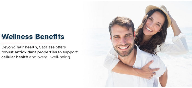 Catalase wellness benefits banner with smiling couple embracing