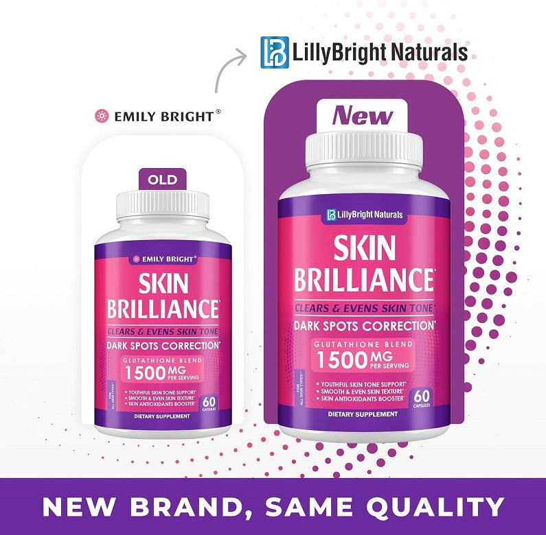 Skin Brilliance supplement bottles showing old and new labels, LillyBright Naturals.