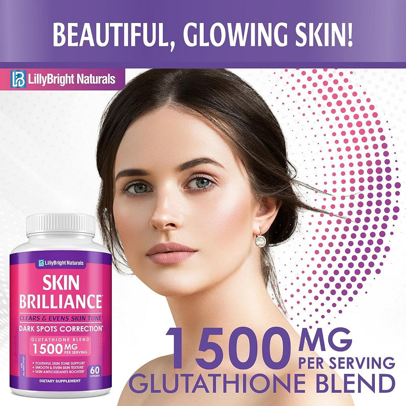Skin Brilliance dietary supplement bottle with white cap, 1500 mg per serving (label).
