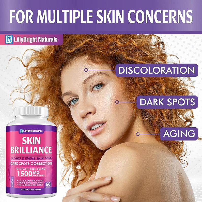 Skin Brilliance dietary supplement bottle with white cap for dark spots correction (label).