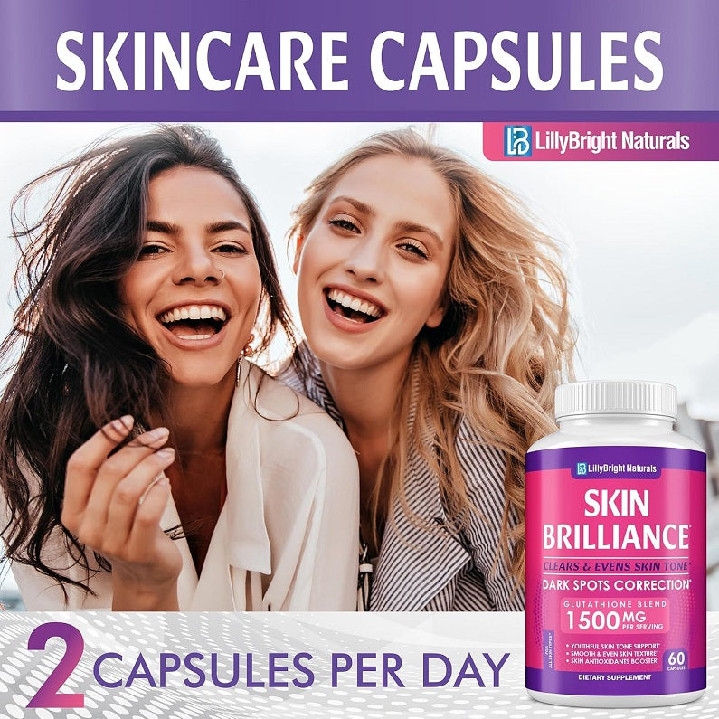Purple Skin Brilliance dietary supplement bottle with white cap, LillyBright Naturals.