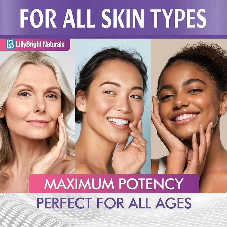 Three smiling people with banner reading For all skin types and Maximum potency.