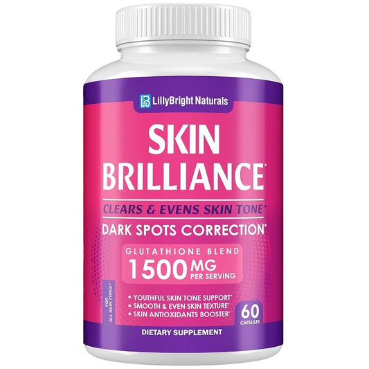 Labeled dietary supplement bottle with pink and purple Skin Brilliance label, 60 capsules