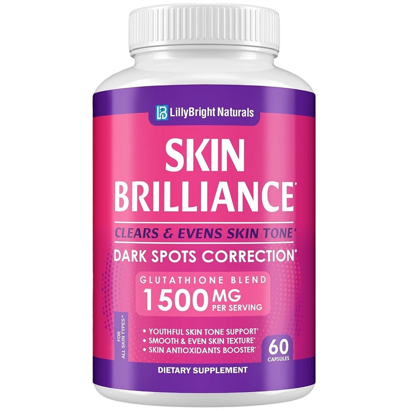 Labeled dietary supplement bottle with pink and purple Skin Brilliance label, 60 capsules
