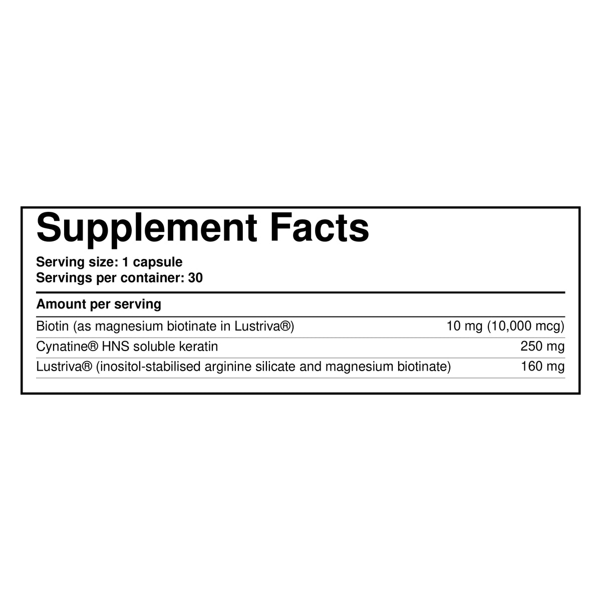 Supplement facts panel for biotin and keratin dietary supplement capsules