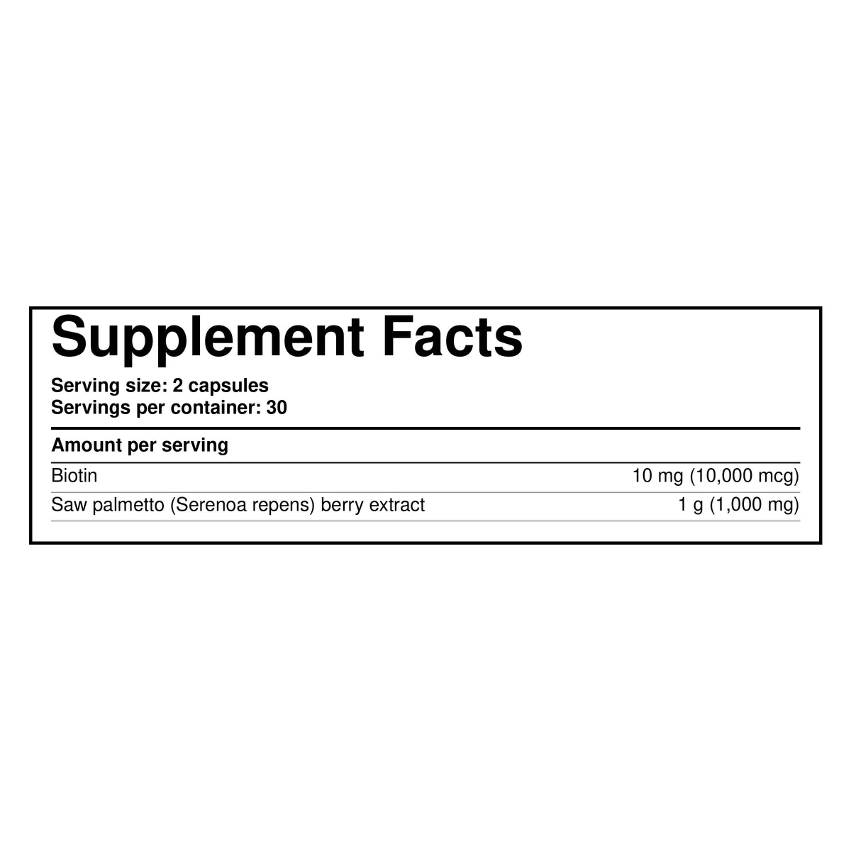 Supplement Facts label for hair thickness capsules, showing serving size and ingredients