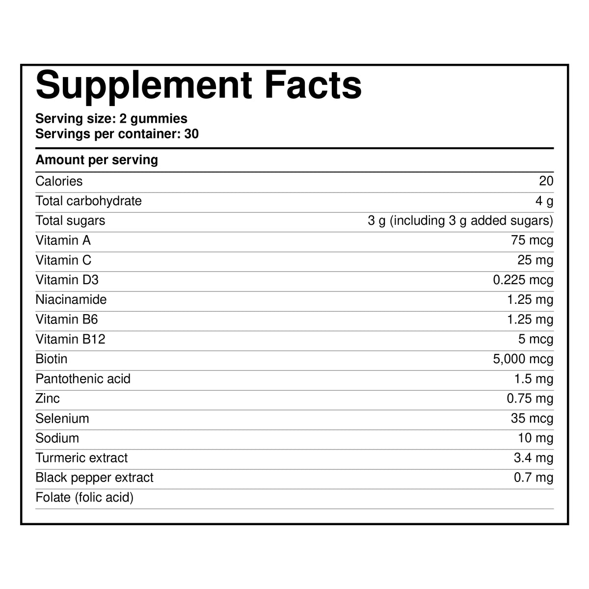 Supplement facts table for gummy stars vitamins, showing ingredients and nutrient amounts.