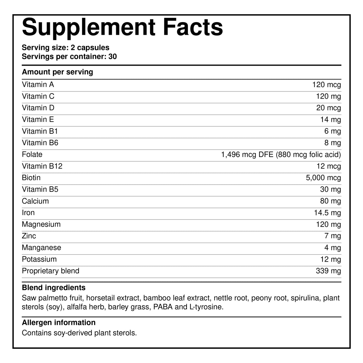 Dietary supplement facts label with vitamins and minerals list