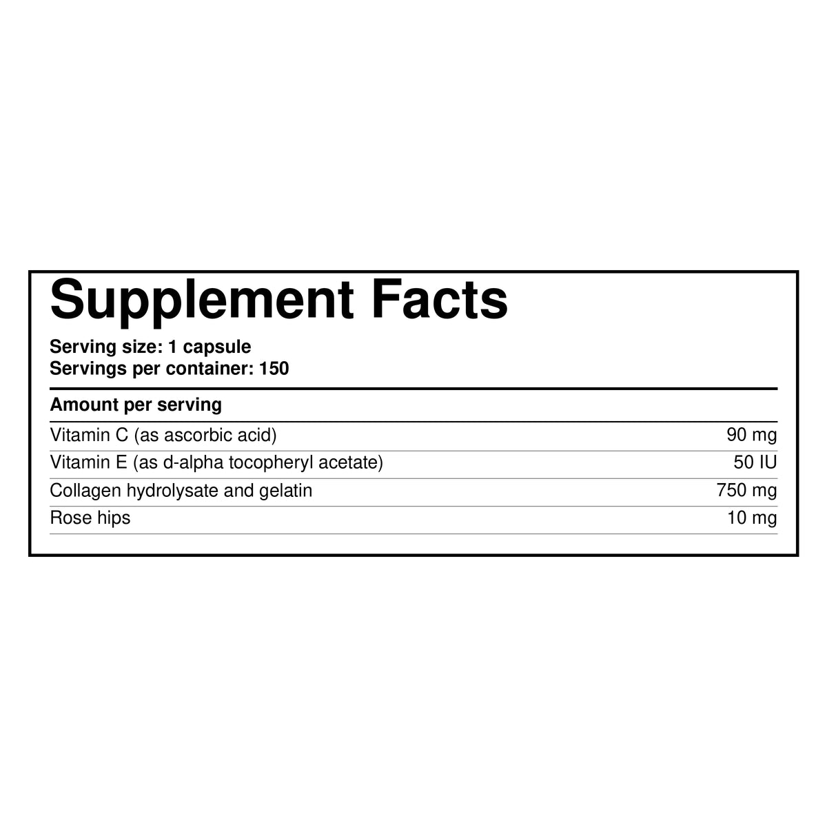 Collagen wrinkle formula supplement facts: 1 capsule, 150 servings, Vitamin C/E, collagen