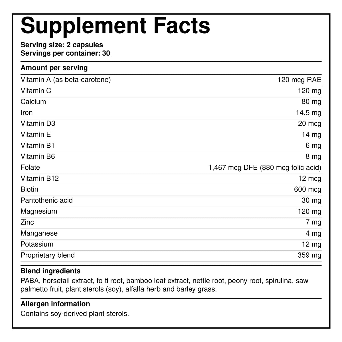 Supplement facts label with serving size and vitamin/mineral amounts
