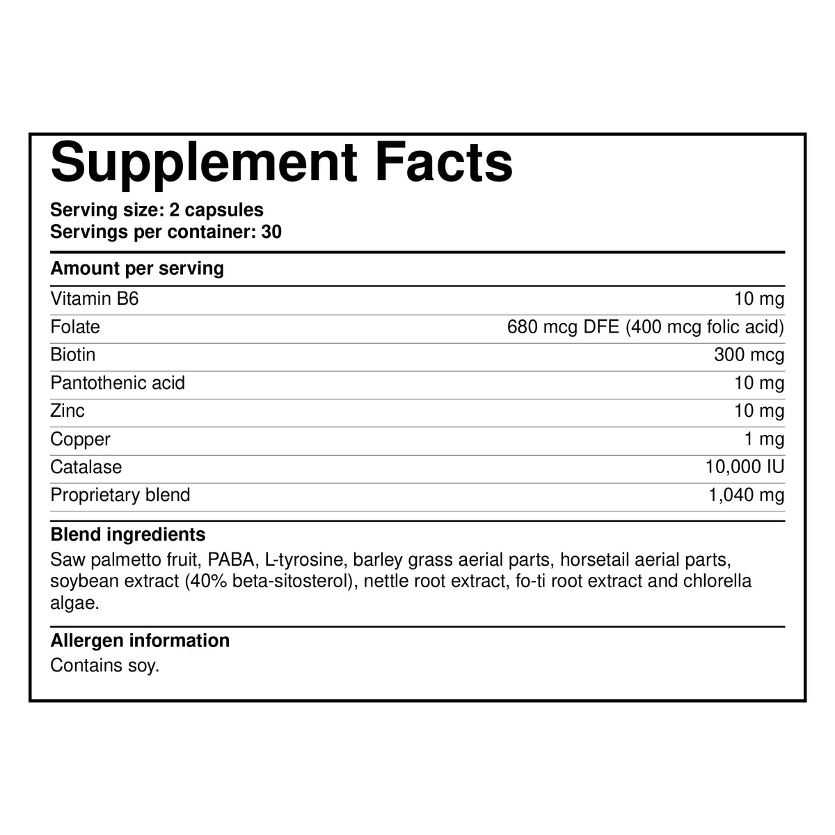 Supplement Facts panel for catalase supplement; 2-capsule serving size, 30 servings