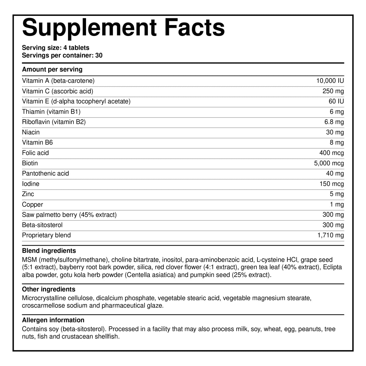 Hair, skin and nails supplement Supplement Facts label with serving size and ingredients list