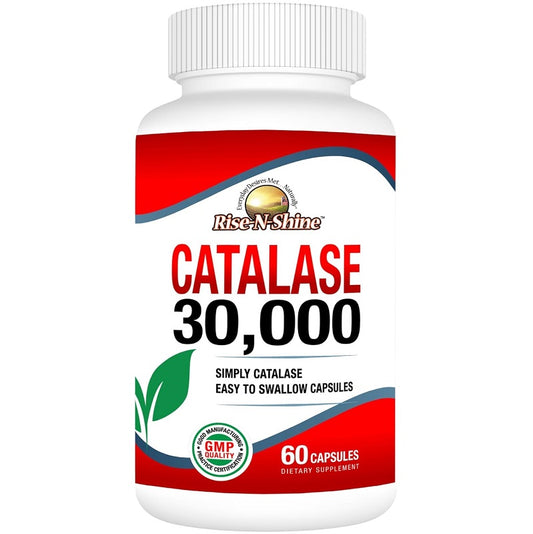 Rise-N-Shine Catalase 30,000 dietary supplement bottle, 60 capsules