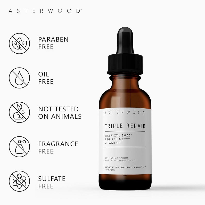 Facial serum bottle with black dropper; Paraben-, oil-, fragrance-, sulfate-free icons
